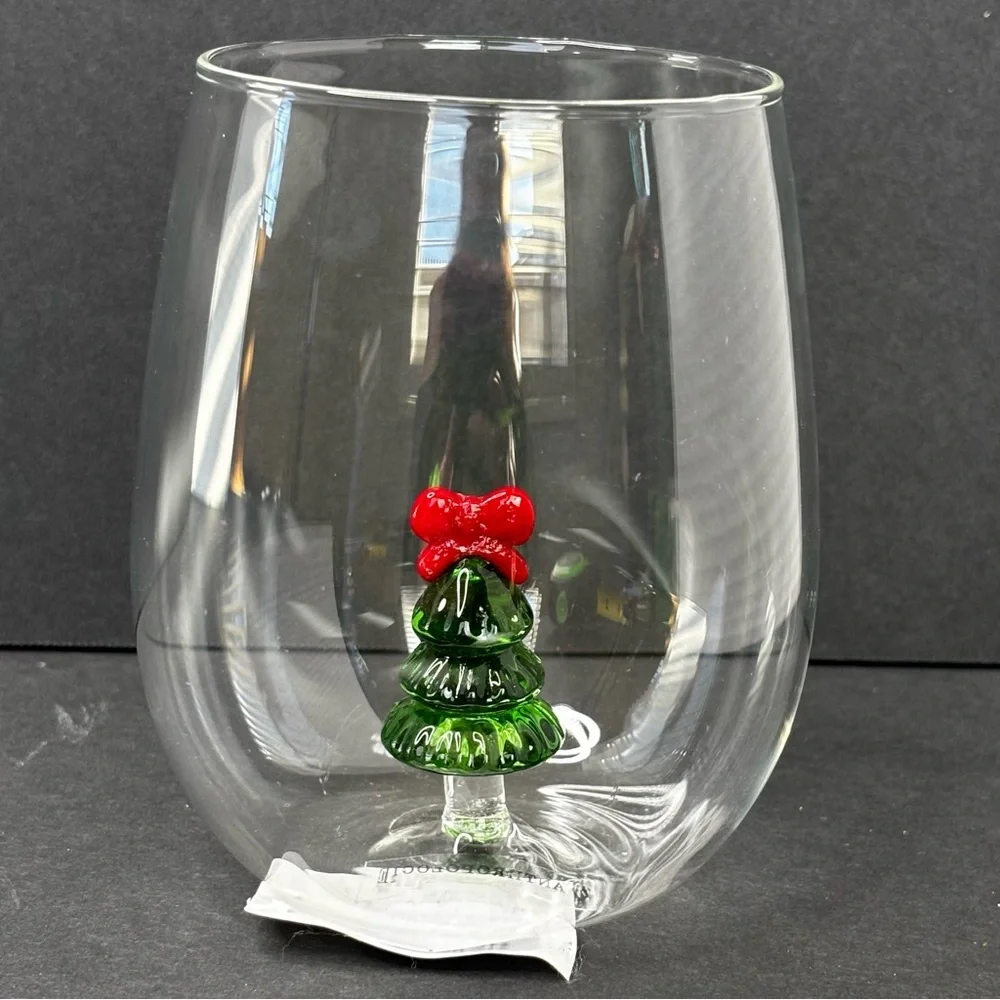 Anthropologie Jolly Icon Stemless Wine Glass | Christmas | Christmas Tree | NEW